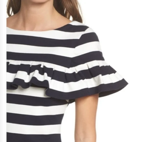 Eliza J Navy and White Striped Ruffle Midi Dress 16 Sheath Dress - Picture 2 of 8